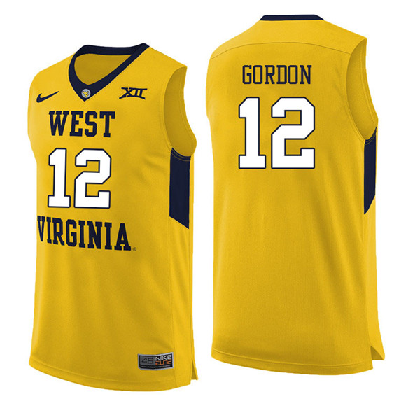 Men #12 Andrew Gordon West Virginia Mountaineers College Basketball Jerseys Sale-Yellow